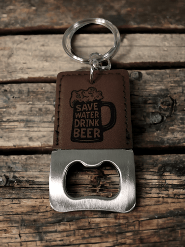 Save Water, Drink Beer Bottle Opener Keychain - Engraved Leatherette Design - Keychain - Charm and Char